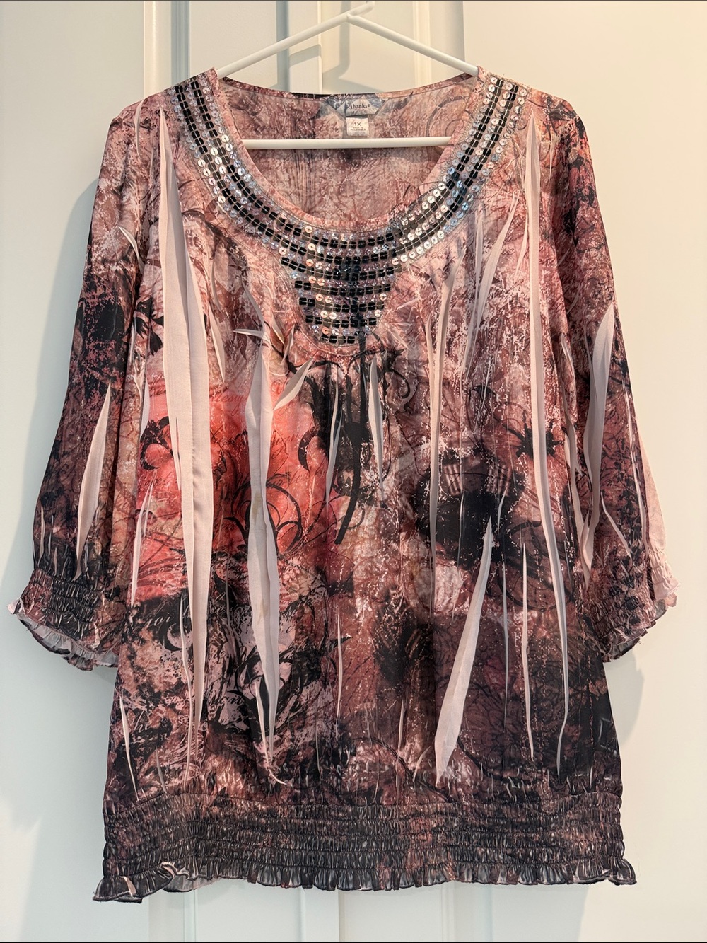 Women’s Sequin-Embellished Print Tunic Top with Elastic Ruched Sleeves & Bottom